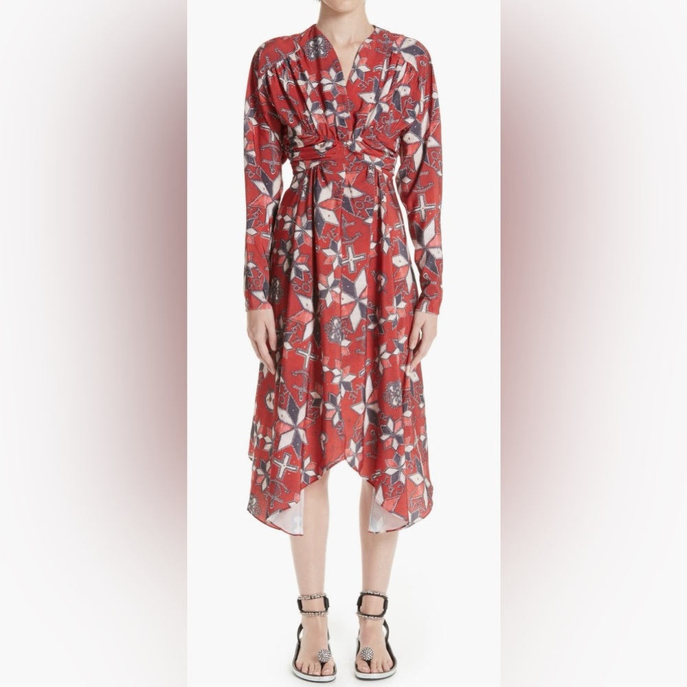 Isabel Marant Tamara Techno Print Long Sleeve Asymmetric Hem Dress Red Blue 42